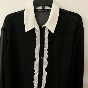 Zara Black Blouse with White Ruffle Trim